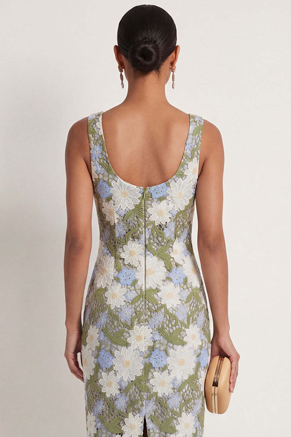 Floral Green Sheath Appliqued Square Neck Long Formal Dress