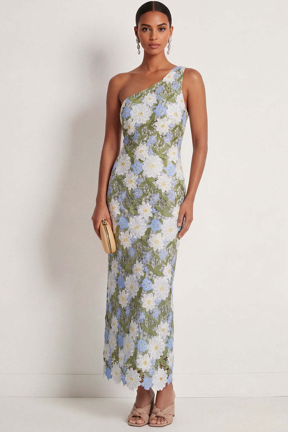 Leely Women One Shoulder Floral Green Sheath Long Formal Dress Appliqued Sleeveless Wedding Guest Dress with Slit