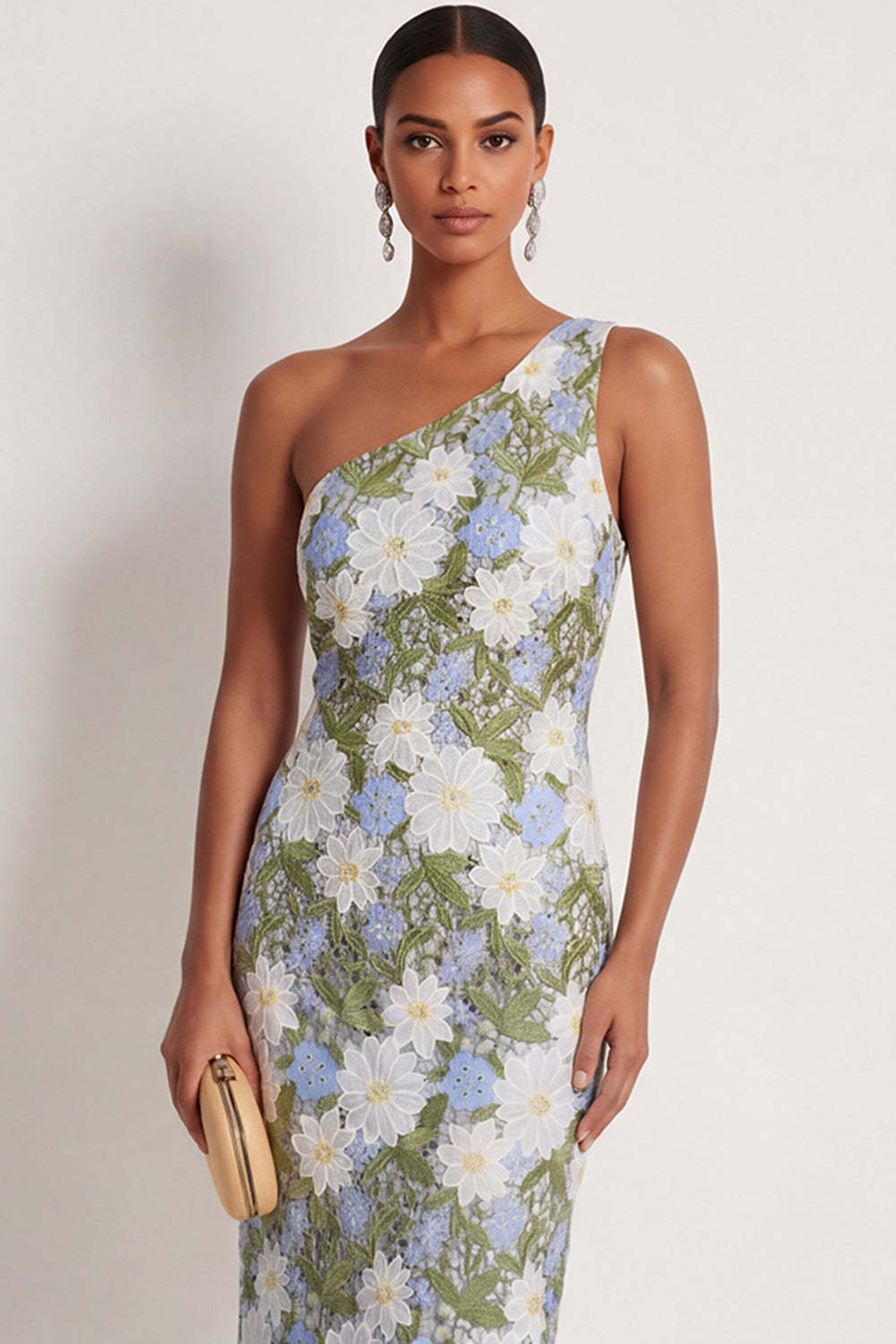 One Shoulder Floral Green Sheath Appliqued Long Formal Dress