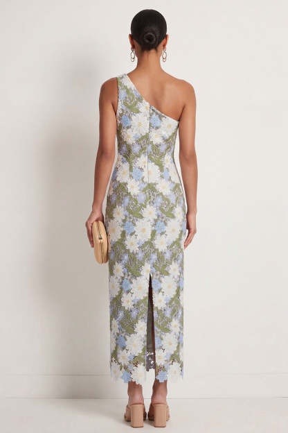 One Shoulder Floral Green Sheath Appliqued Long Formal Dress