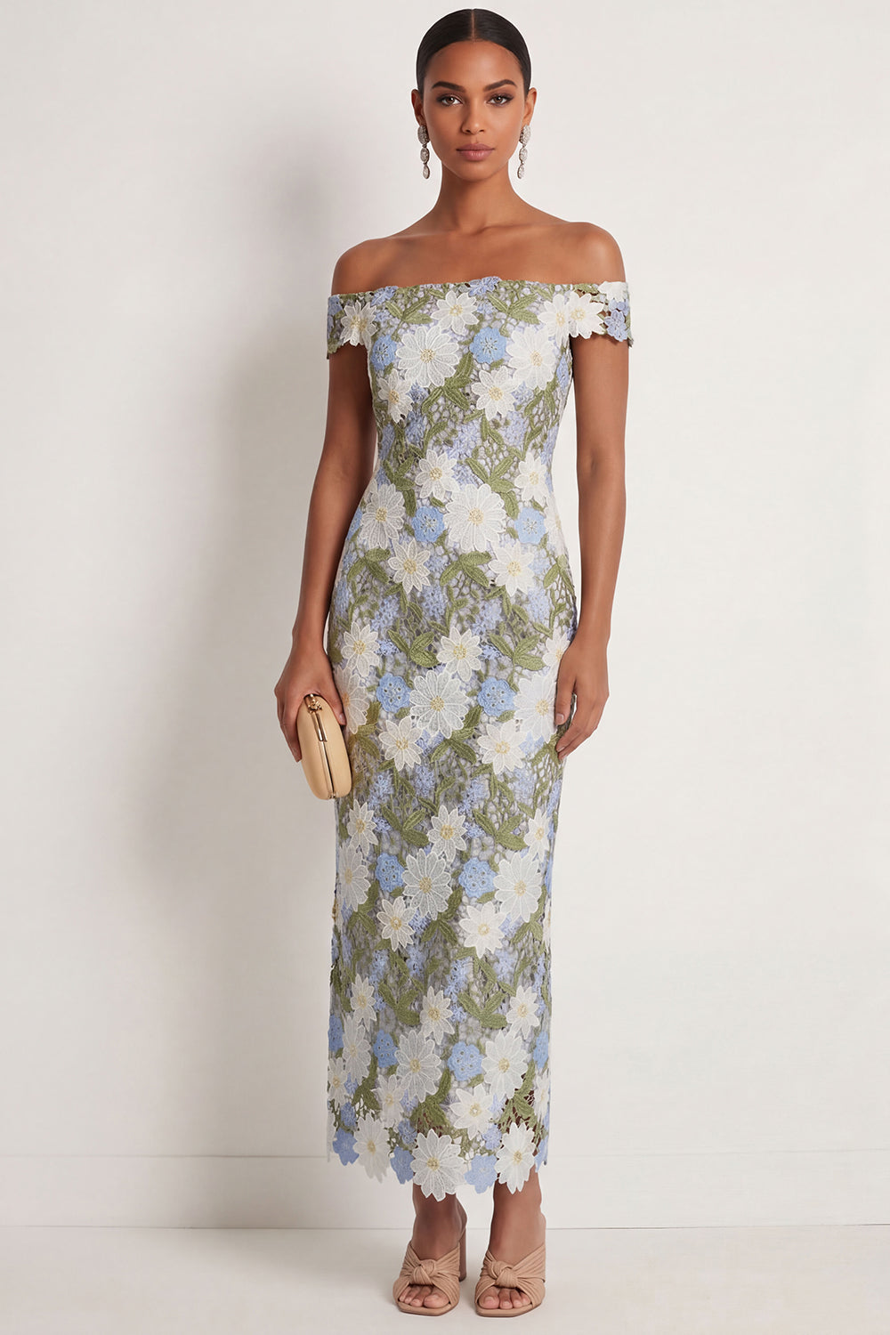 Green Floral Off the Shoulder Sheath Long Formal Dress with Slit