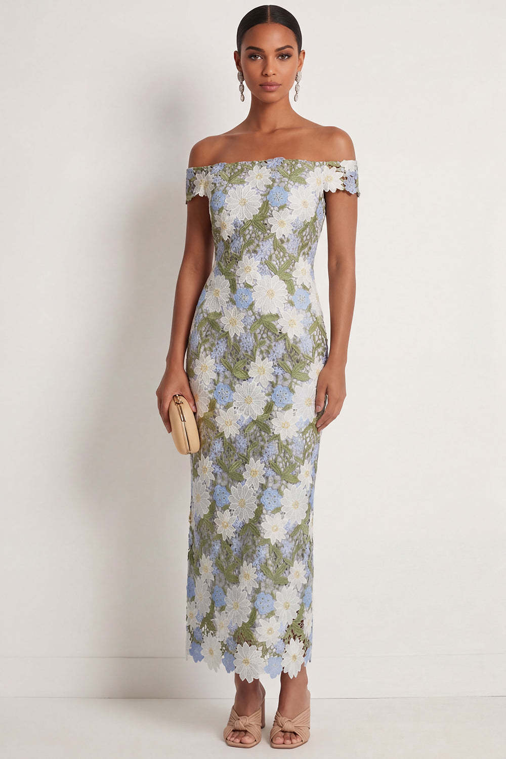 Leely Women Green Floral Off the Shoulder Sheath Long Formal Dress with Slit Backless Sleeveless Appliqued Wedding Guest Dress