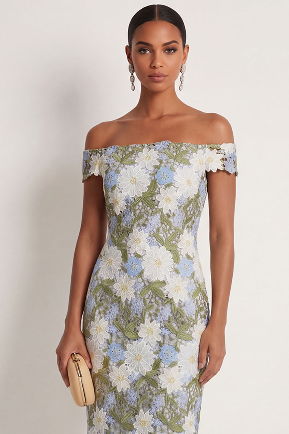 Green Floral Off the Shoulder Sheath Long Formal Dress with Slit