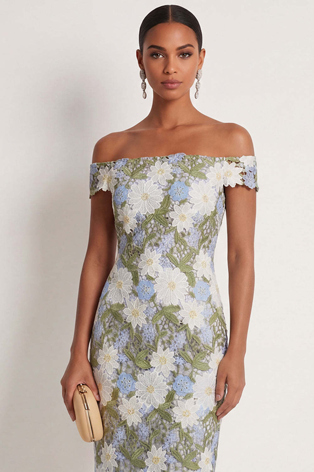 Green Floral Off the Shoulder Sheath Long Formal Dress with Slit