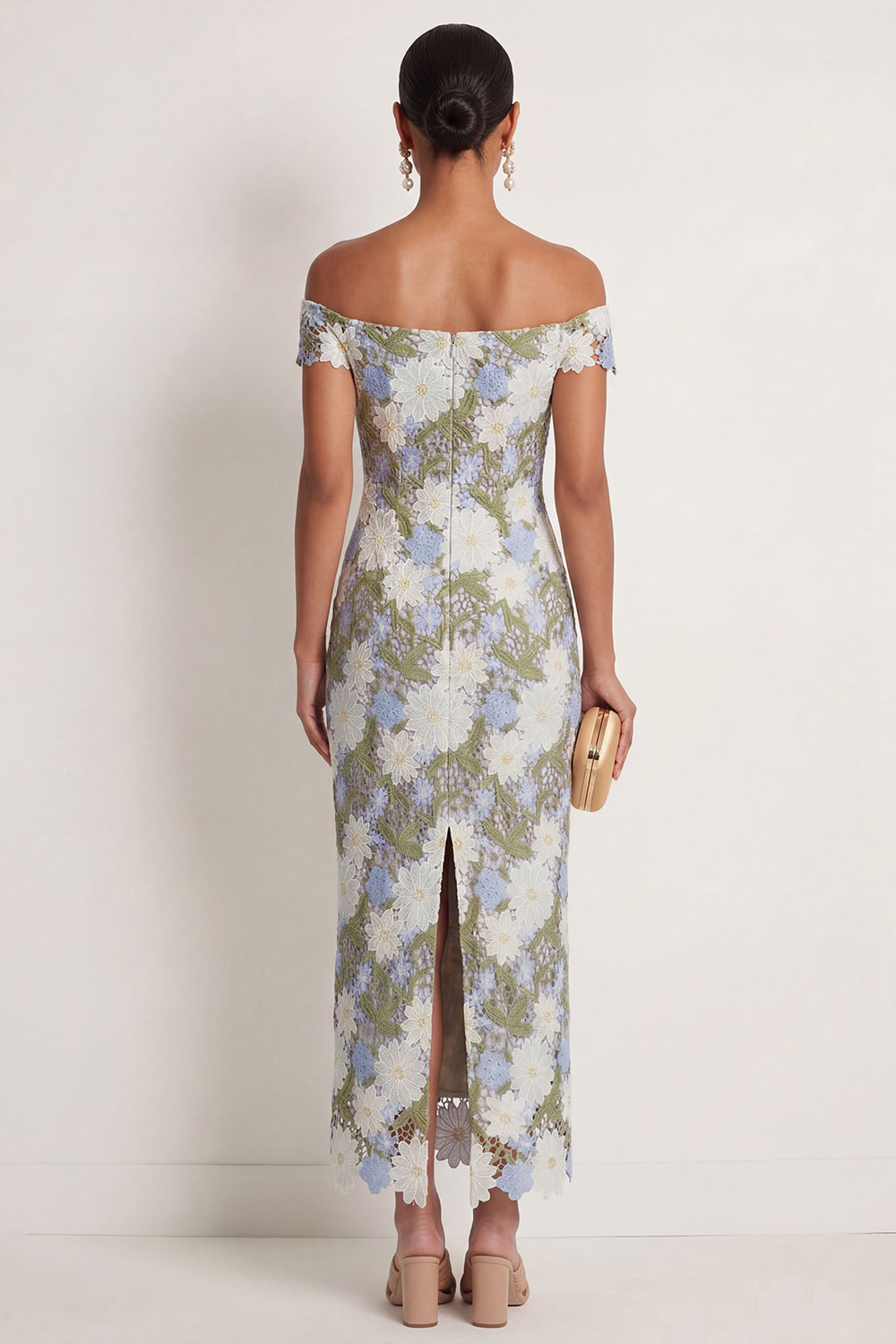 Green Floral Off the Shoulder Sheath Long Formal Dress with Slit