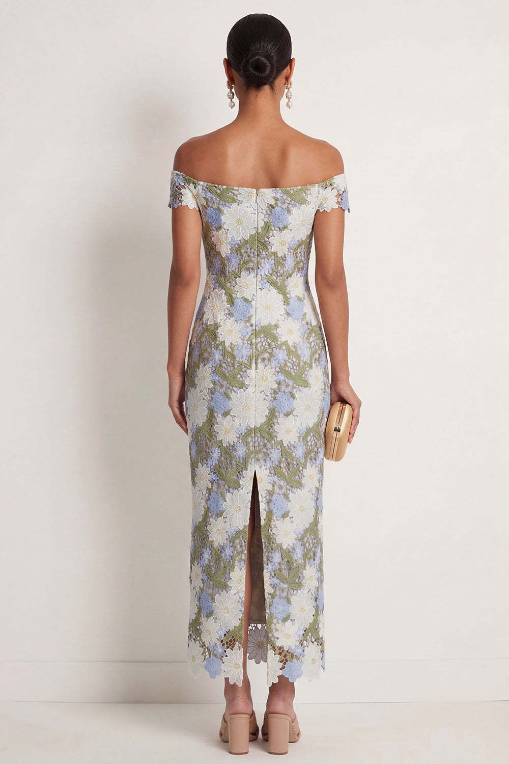 Green Floral Off the Shoulder Sheath Long Formal Dress with Slit