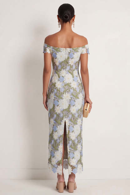 Green Floral Off the Shoulder Sheath Long Formal Dress with Slit