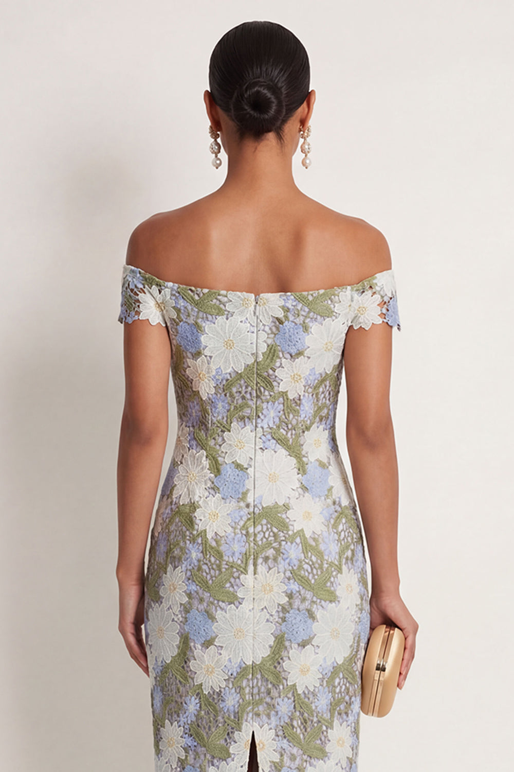 Green Floral Off the Shoulder Sheath Long Formal Dress with Slit