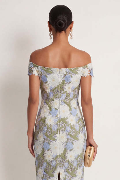 Green Floral Off the Shoulder Sheath Long Formal Dress with Slit