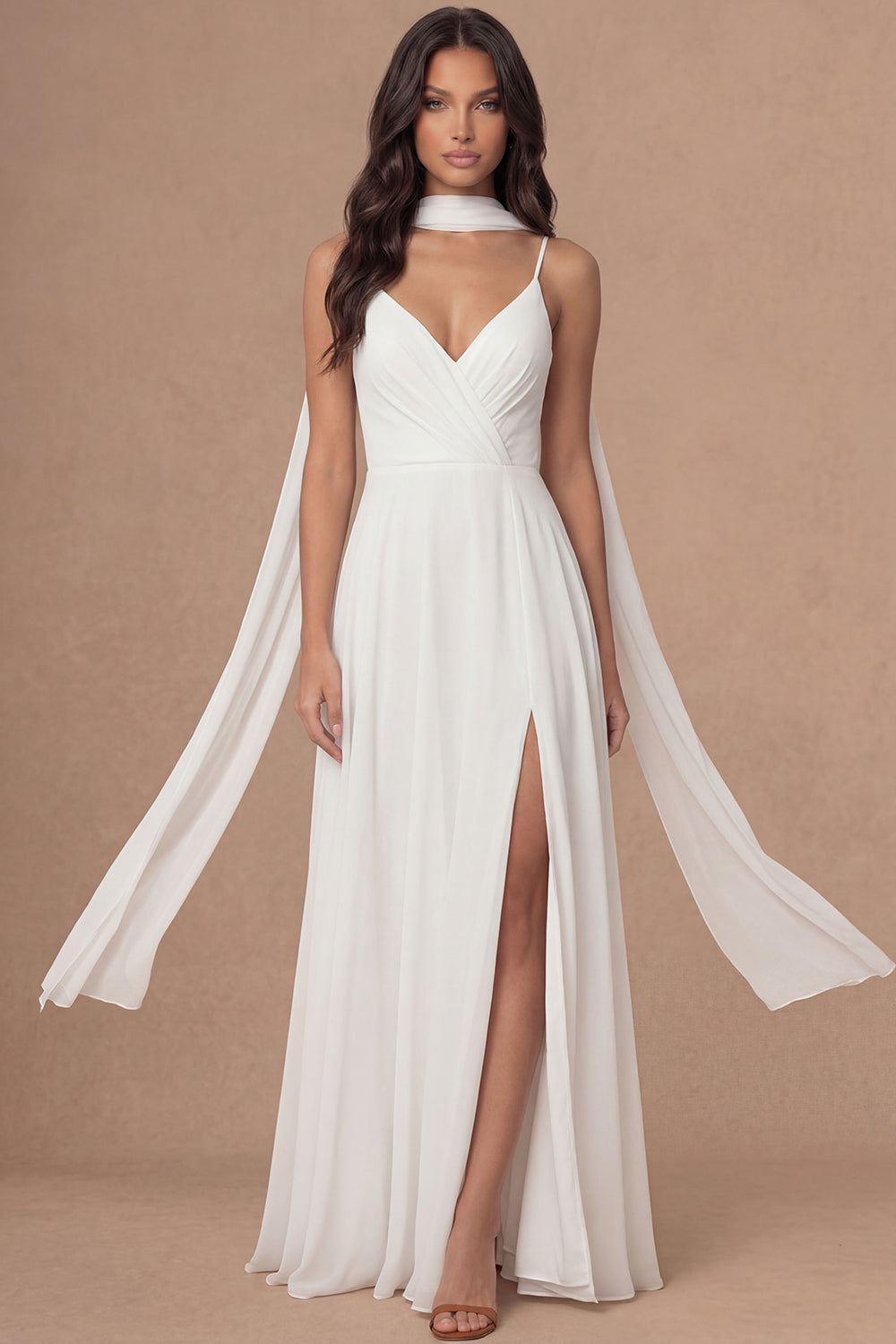 Leely Women Ivory A Line Long Engagement Dress with Slit Spaghetti Straps Sleeveless Backless Bridal Shower Dress