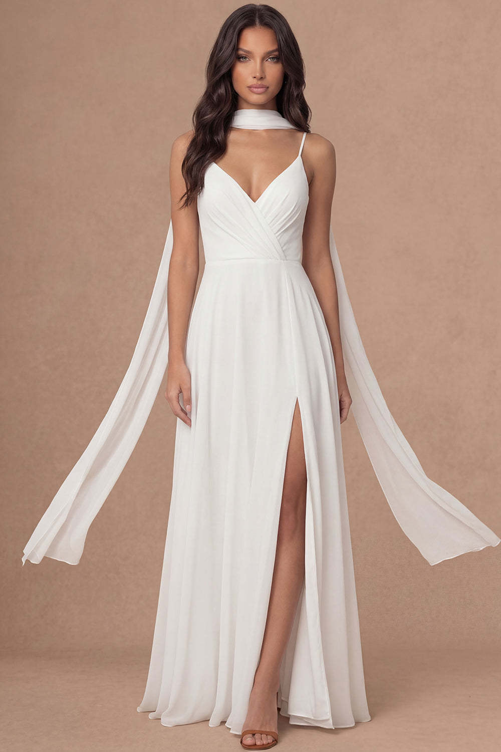 Leely Women Ivory A Line Long Engagement Dress with Slit Spaghetti Straps Sleeveless Backless Bridal Shower Dress
