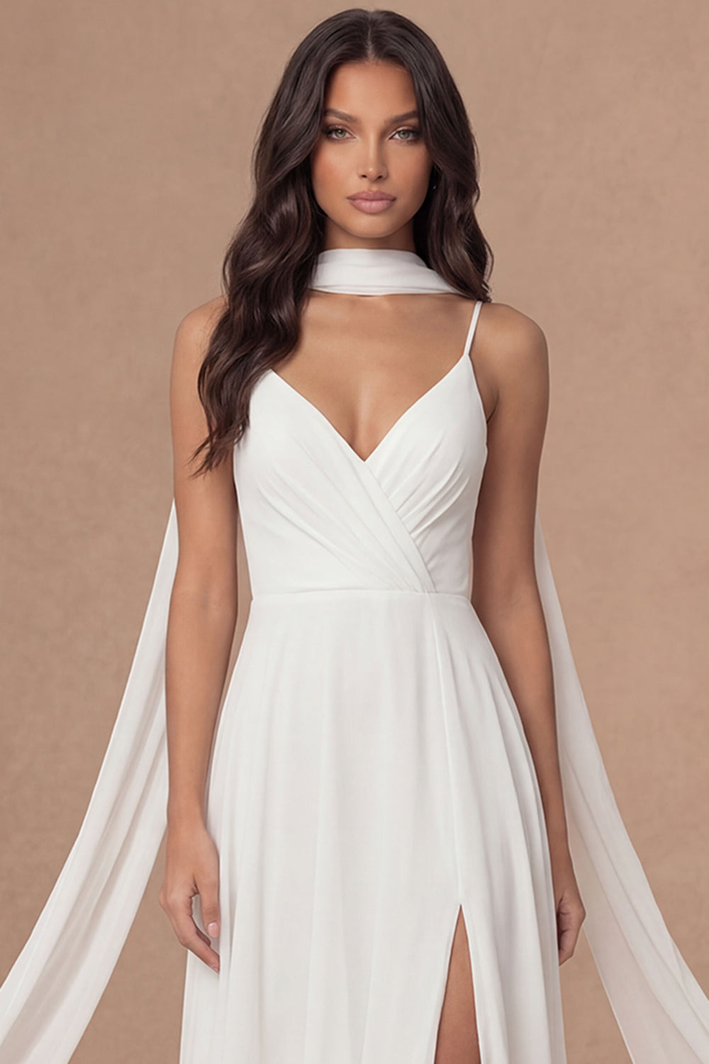 Ivory A Line Spaghetti Straps Sleeveless Long Engagement Dress with Slit
