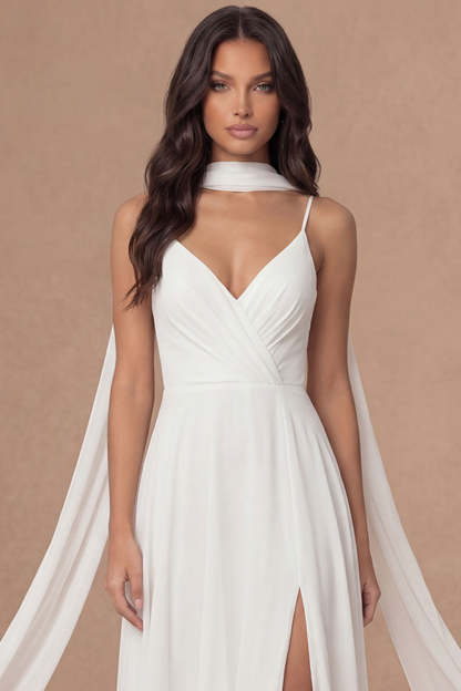 Ivory A Line Spaghetti Straps Sleeveless Long Engagement Dress with Slit