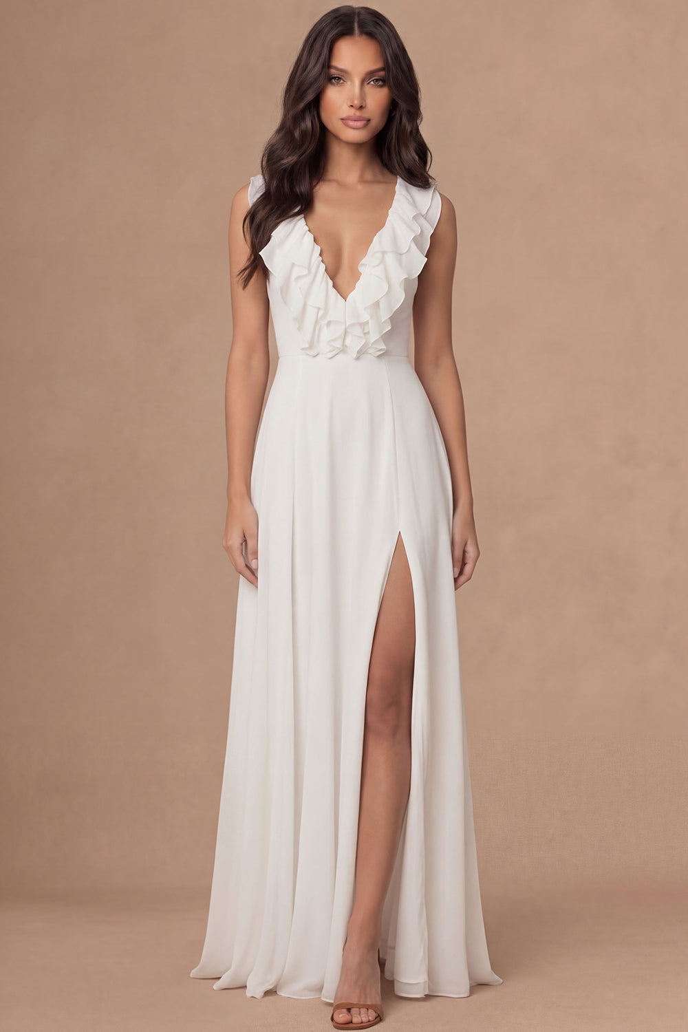 Leely Women Ivory A Line A Line Long Engagement Dress with Slit V Neck Ruffled Sleeveless Bridal Shower Dress