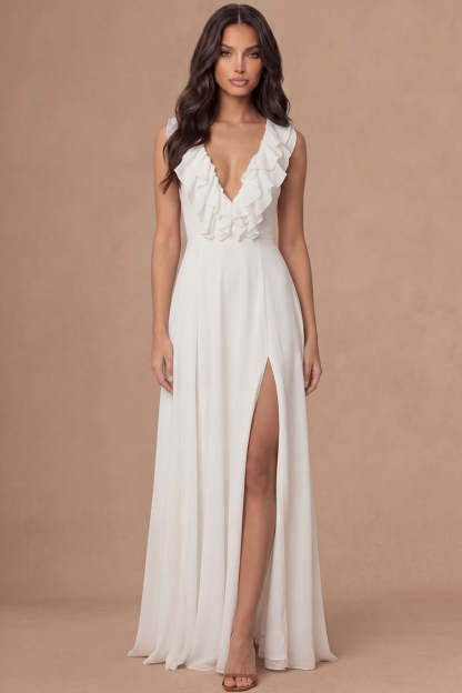 Leely Women Ivory A Line A Line Long Engagement Dress with Slit V Neck Ruffled Sleeveless Bridal Shower Dress