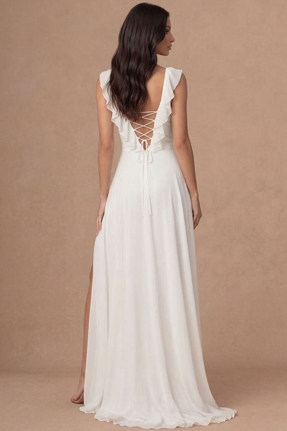 Ivory A Line V Neck Ruffled A Line Long Engagement Dress with Slit