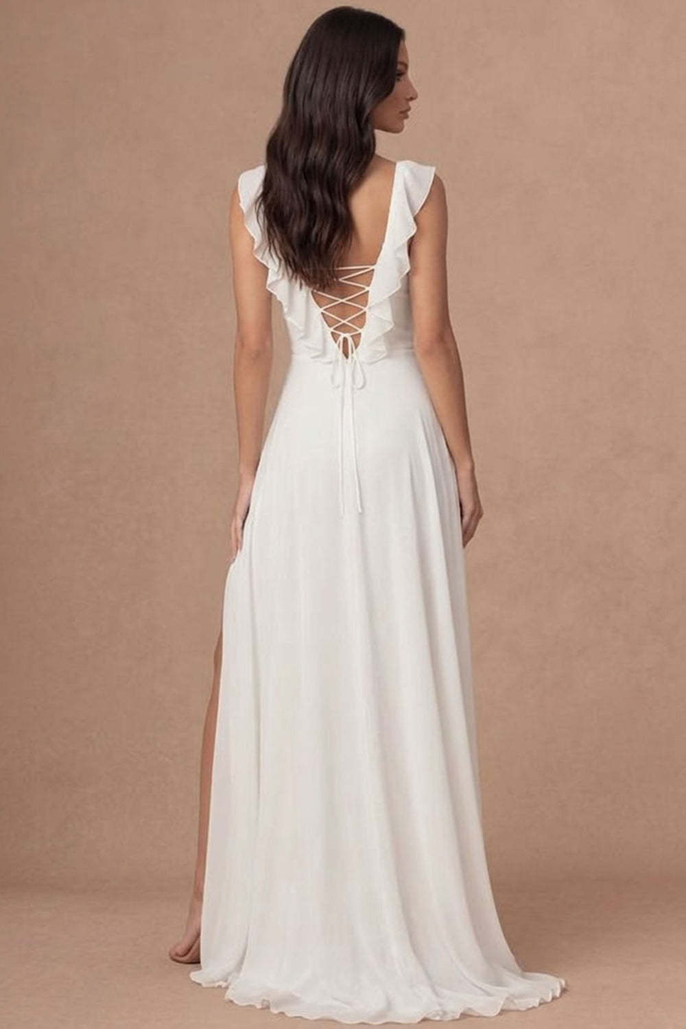 Ivory A Line V Neck Ruffled A Line Long Engagement Dress with Slit