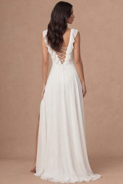 Ivory A Line V Neck Ruffled A Line Long Engagement Dress with Slit
