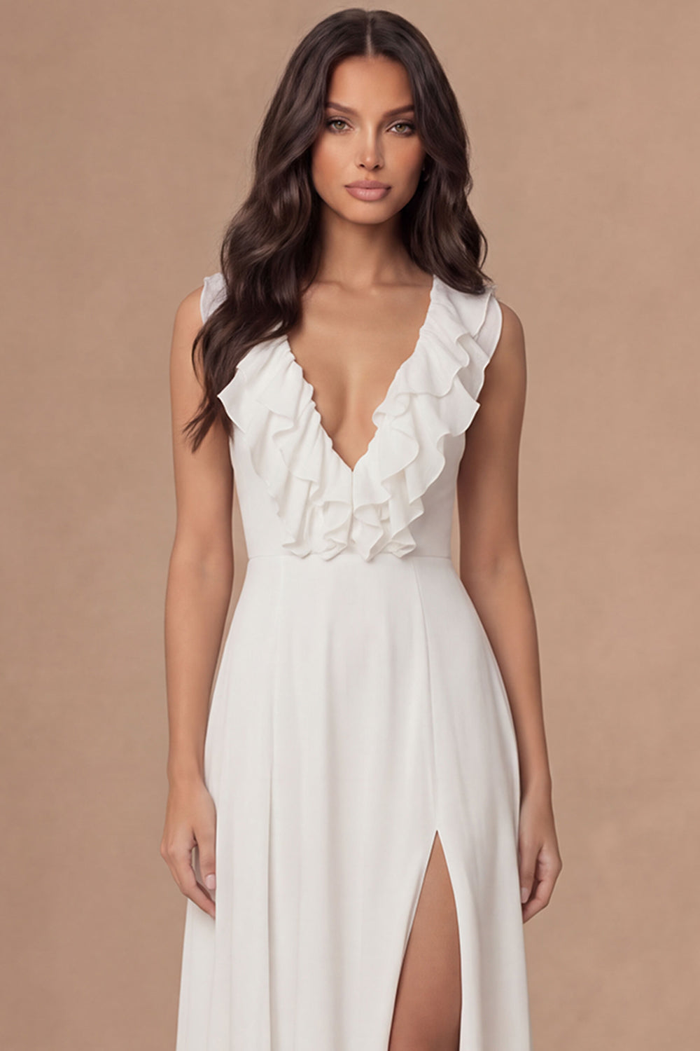 Ivory A Line V Neck Ruffled A Line Long Engagement Dress with Slit