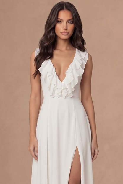 Ivory A Line V Neck Ruffled A Line Long Engagement Dress with Slit