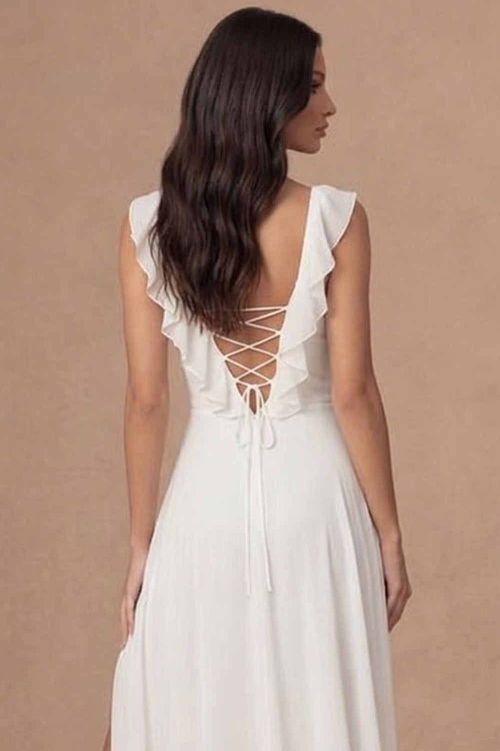 Ivory A Line V Neck Ruffled A Line Long Engagement Dress with Slit