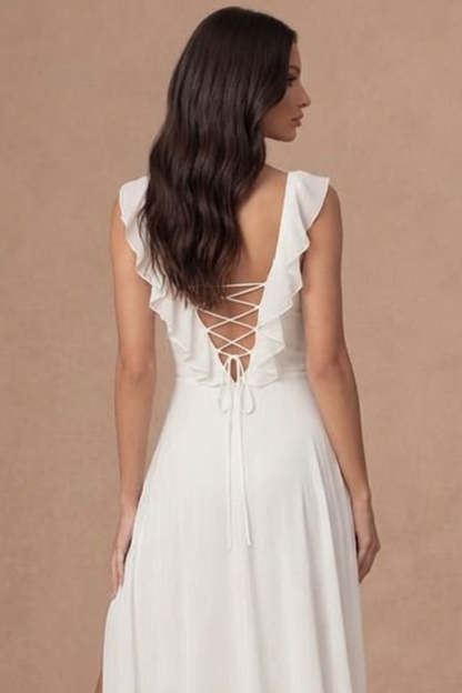 Ivory A Line V Neck Ruffled A Line Long Engagement Dress with Slit