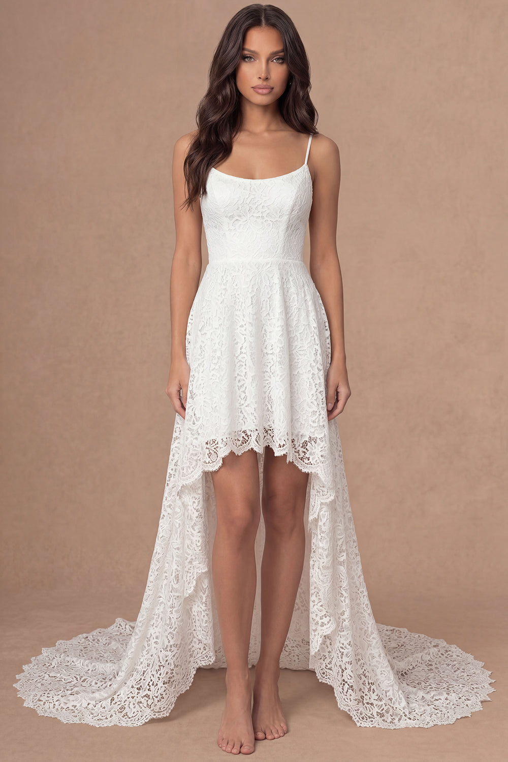 Leely Women Ivory A Line Embroidered High Long Engagement Dress Spaghetti Straps Backless Sleeveless Bridal Shower Dress