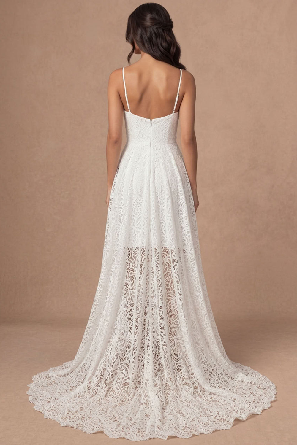 Ivory A Line Spaghetti Straps Embroidered High Long Engagement Dress