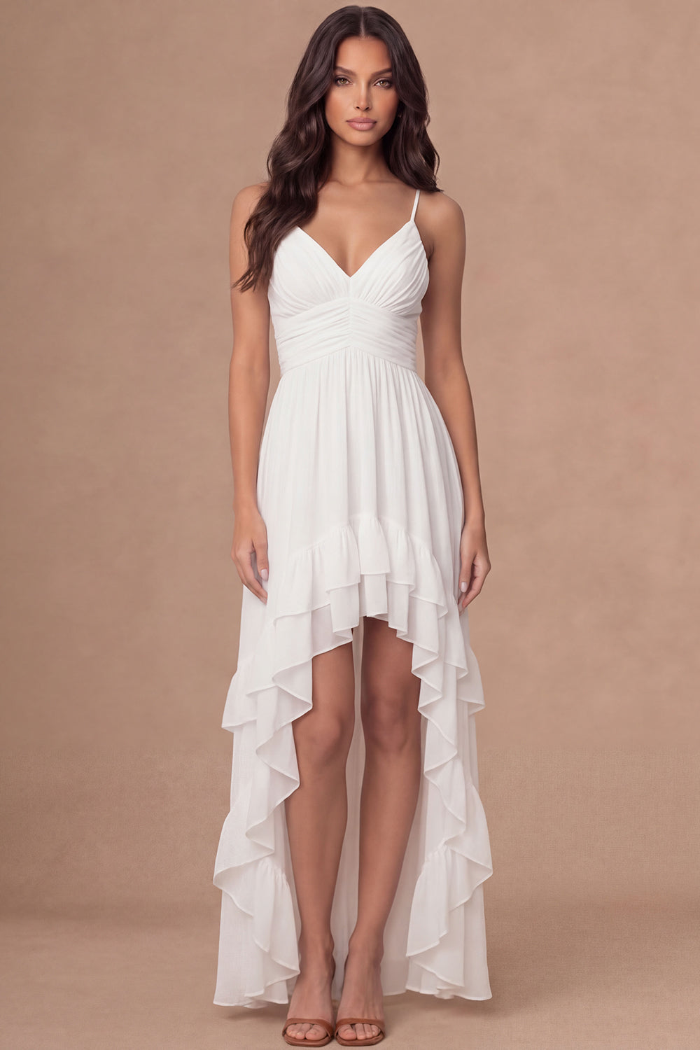 Leely Women Ivory A Line Ruffled High Low Bridal Shower Dress Spaghetti Straps Backless Sleeveless Engagement Dress