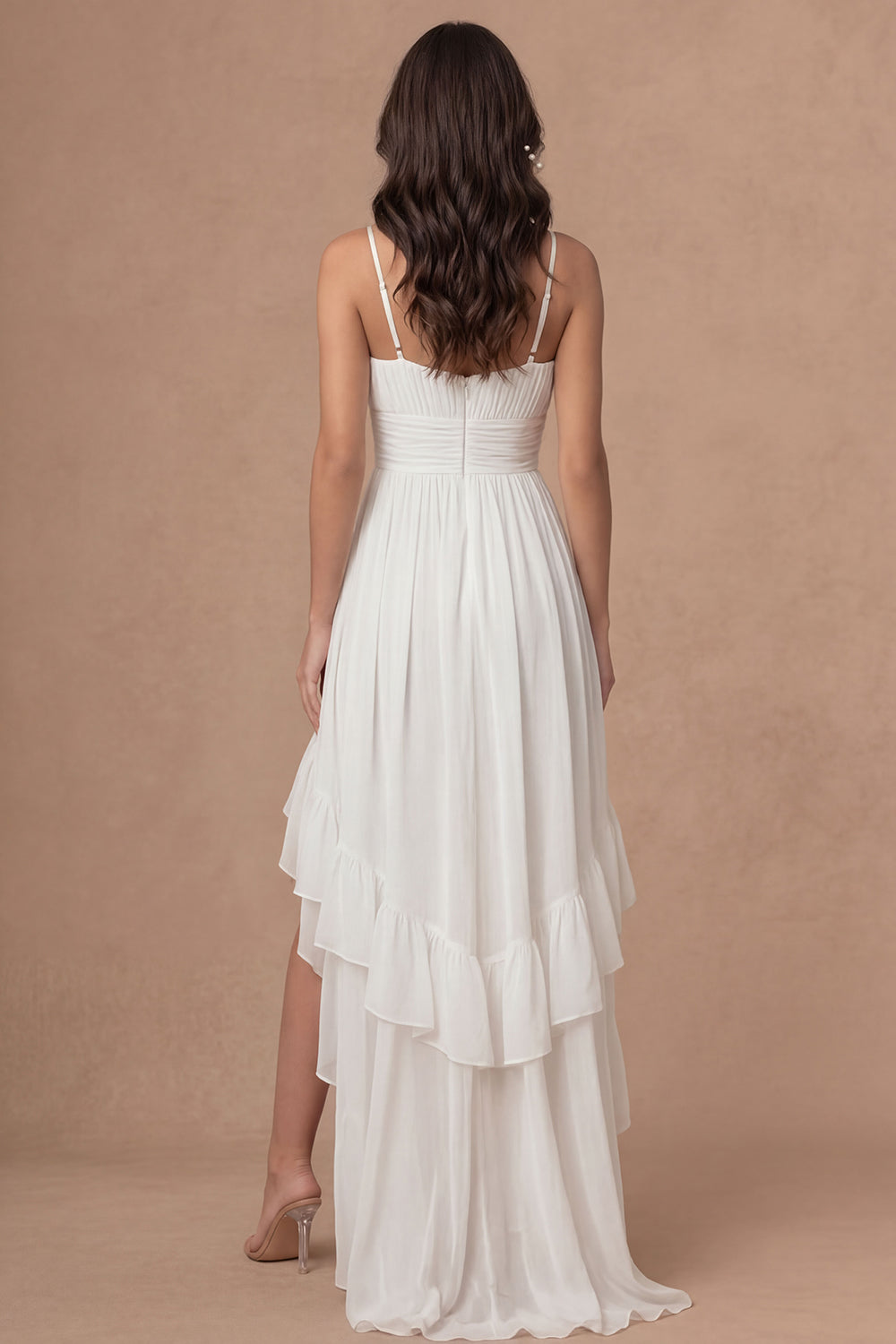 Ivory A Line Spaghetti Straps Ruffled High Low Bridal Shower Dress