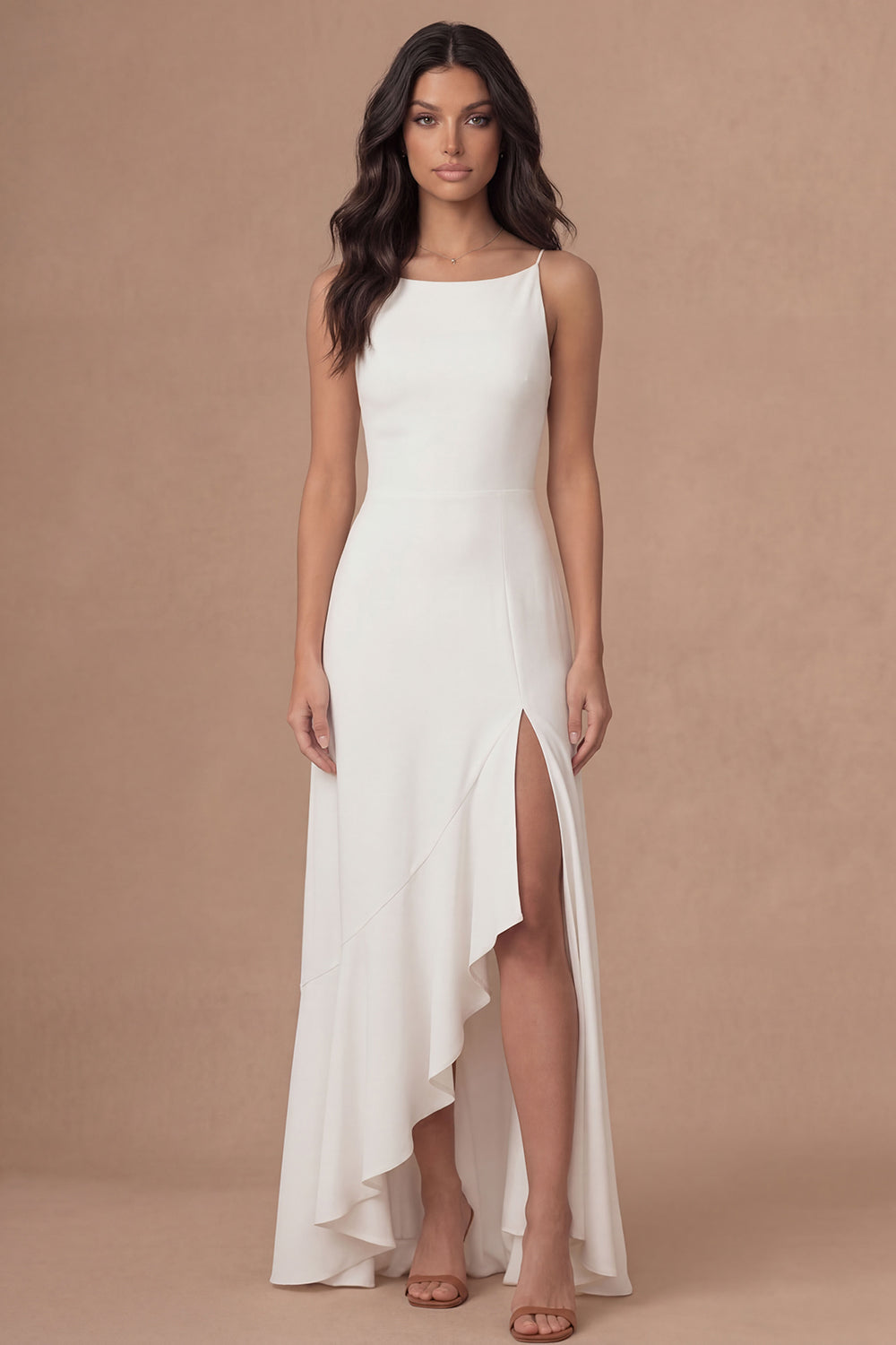 Leely Women Ivory A Line Ruffled Long Bridal Shower Dress with Slit Spaghetti Straps Sleeveless Backless Engagement Dress