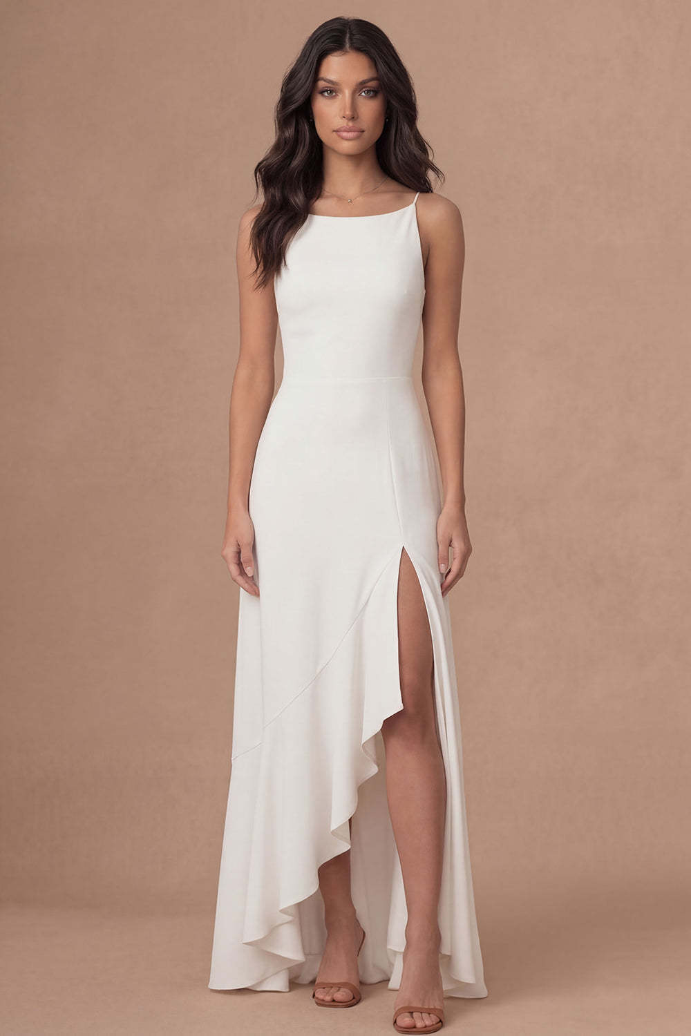 Leely Women Ivory A Line Ruffled Long Bridal Shower Dress with Slit Spaghetti Straps Sleeveless Backless Engagement Dress