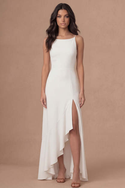 Leely Women Ivory A Line Ruffled Long Bridal Shower Dress with Slit Spaghetti Straps Sleeveless Backless Engagement Dress