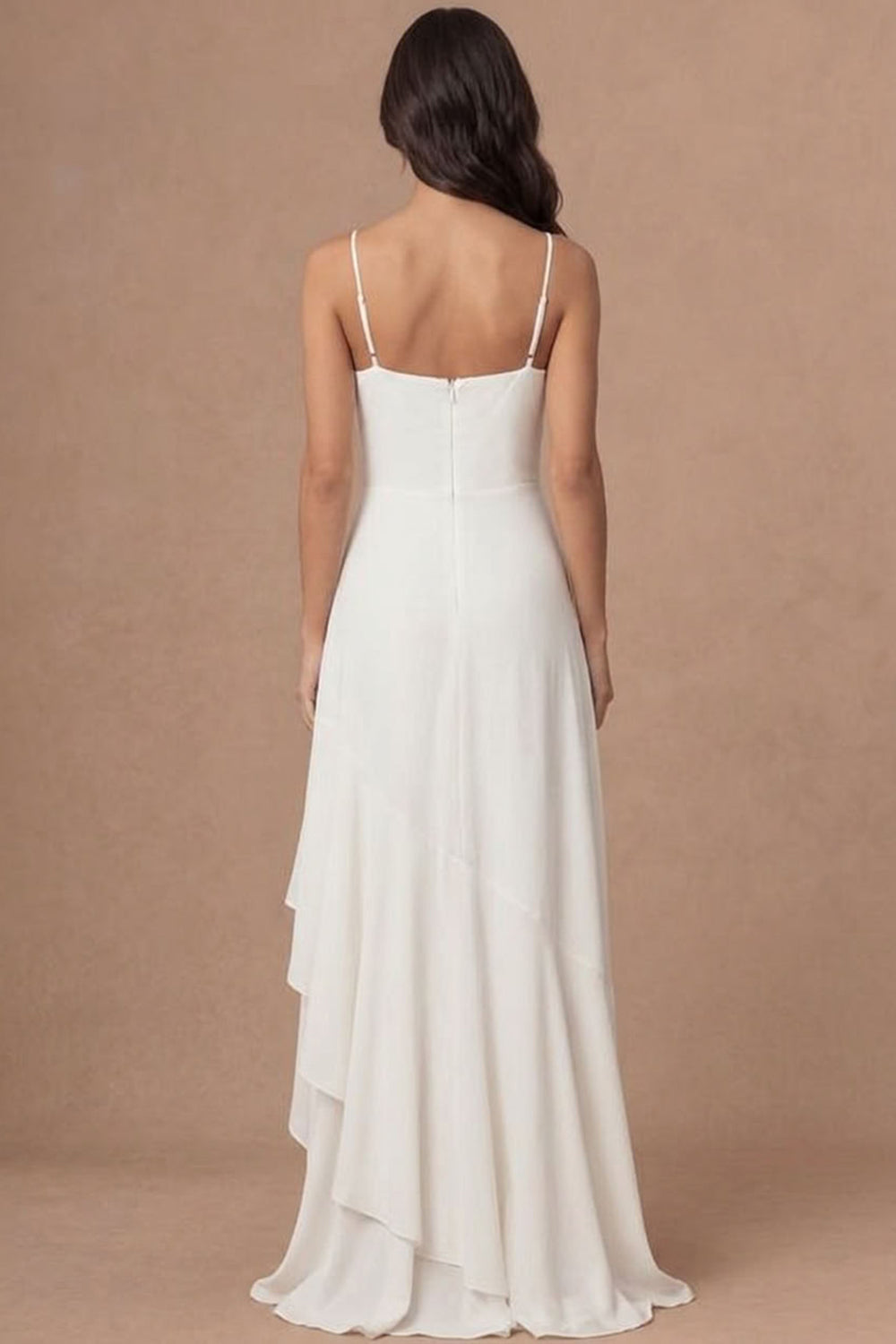 Ivory A Line Spaghetti Straps Ruffled Long Bridal Shower Dress with Slit