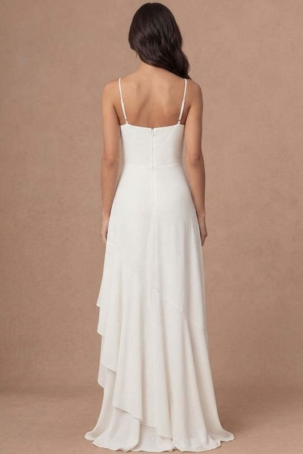 Ivory A Line Spaghetti Straps Ruffled Long Bridal Shower Dress with Slit