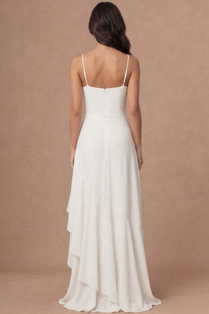 Ivory A Line Spaghetti Straps Ruffled Long Bridal Shower Dress with Slit