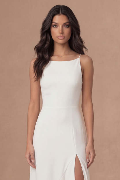 Ivory A Line Spaghetti Straps Ruffled Long Bridal Shower Dress with Slit