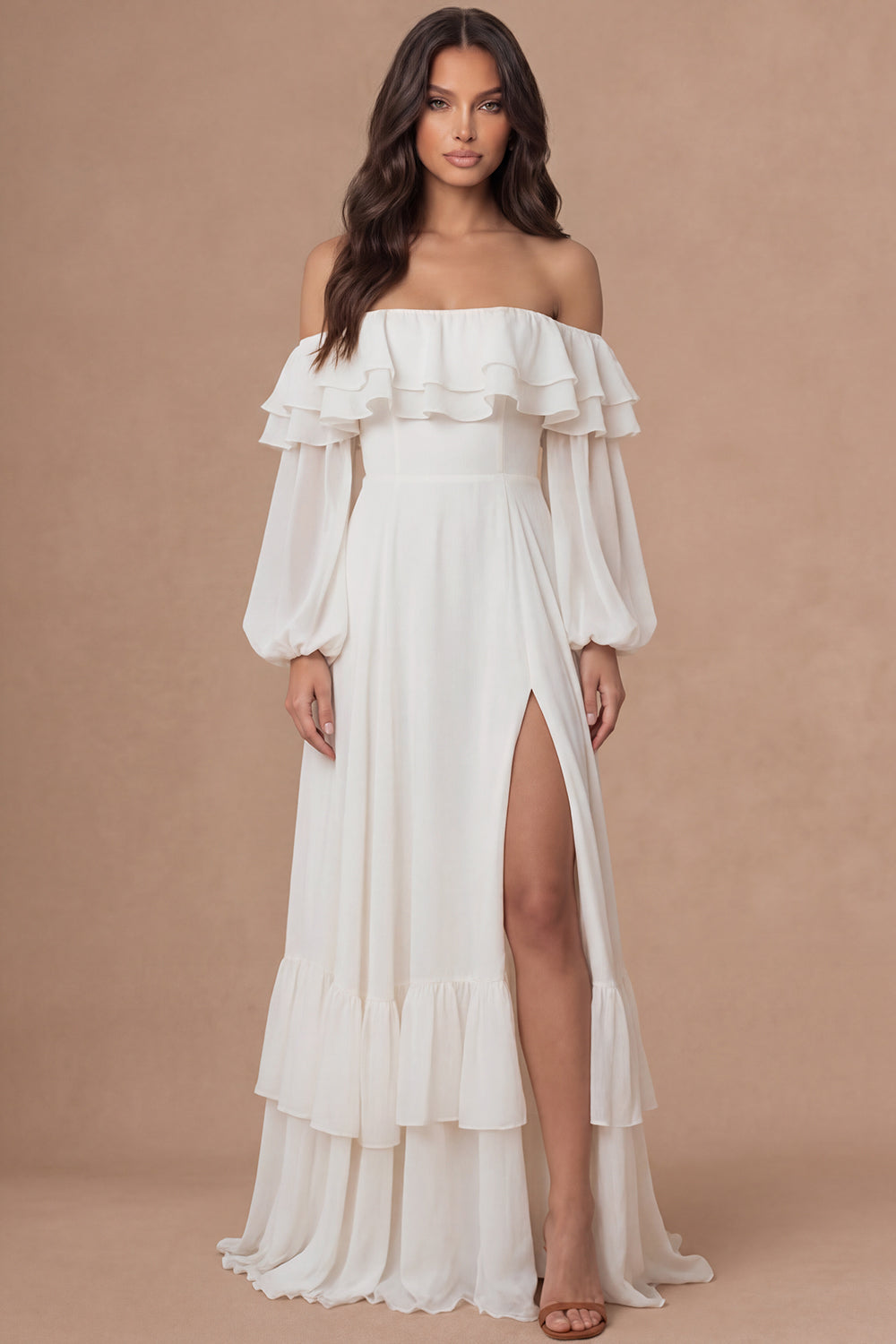 Ivory A Line Off the Shoulder Tiered Ruffled Long Bridal Shower Dress with Slit