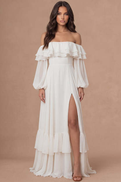 Leely Women Ivory A Line Off the Shoulder Long Bridal Shower Dress with Slit Tiered Ruffled Backless Engagement Dress