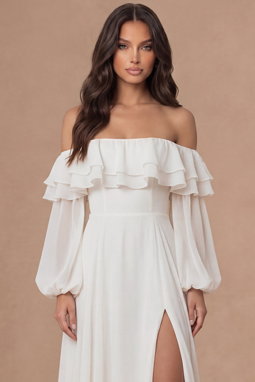 Ivory A Line Off the Shoulder Tiered Ruffled Long Bridal Shower Dress with Slit