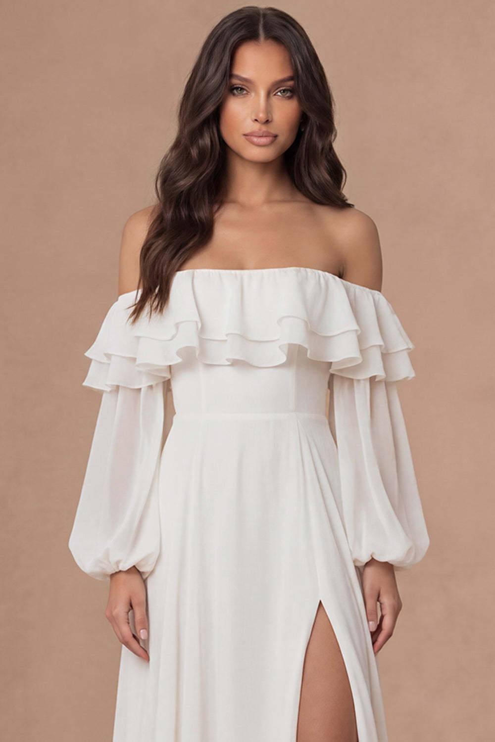 Ivory A Line Off the Shoulder Tiered Ruffled Long Bridal Shower Dress with Slit