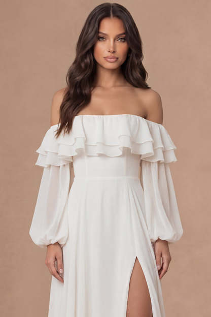 Ivory A Line Off the Shoulder Tiered Ruffled Long Bridal Shower Dress with Slit