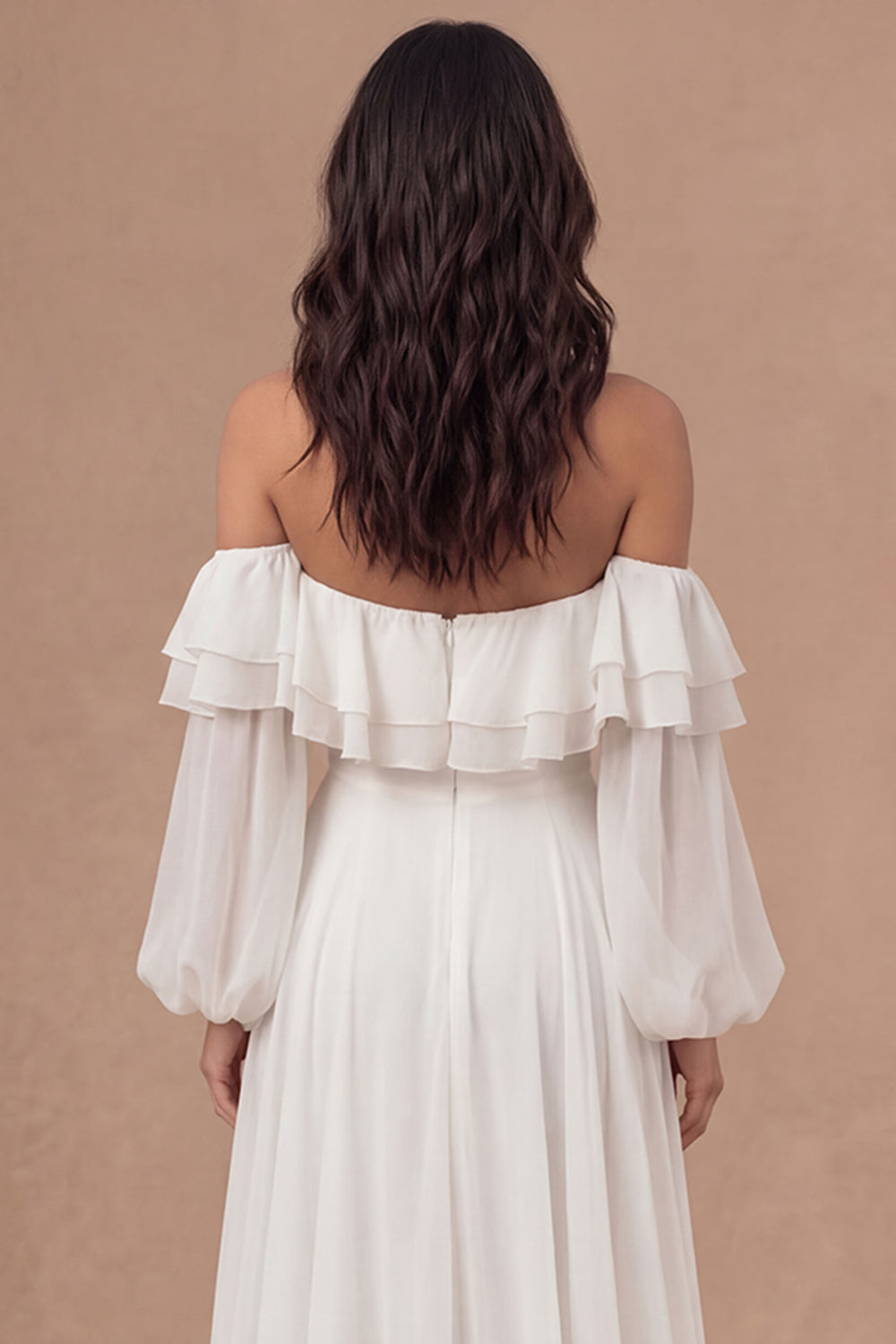 Ivory A Line Off the Shoulder Tiered Ruffled Long Bridal Shower Dress with Slit