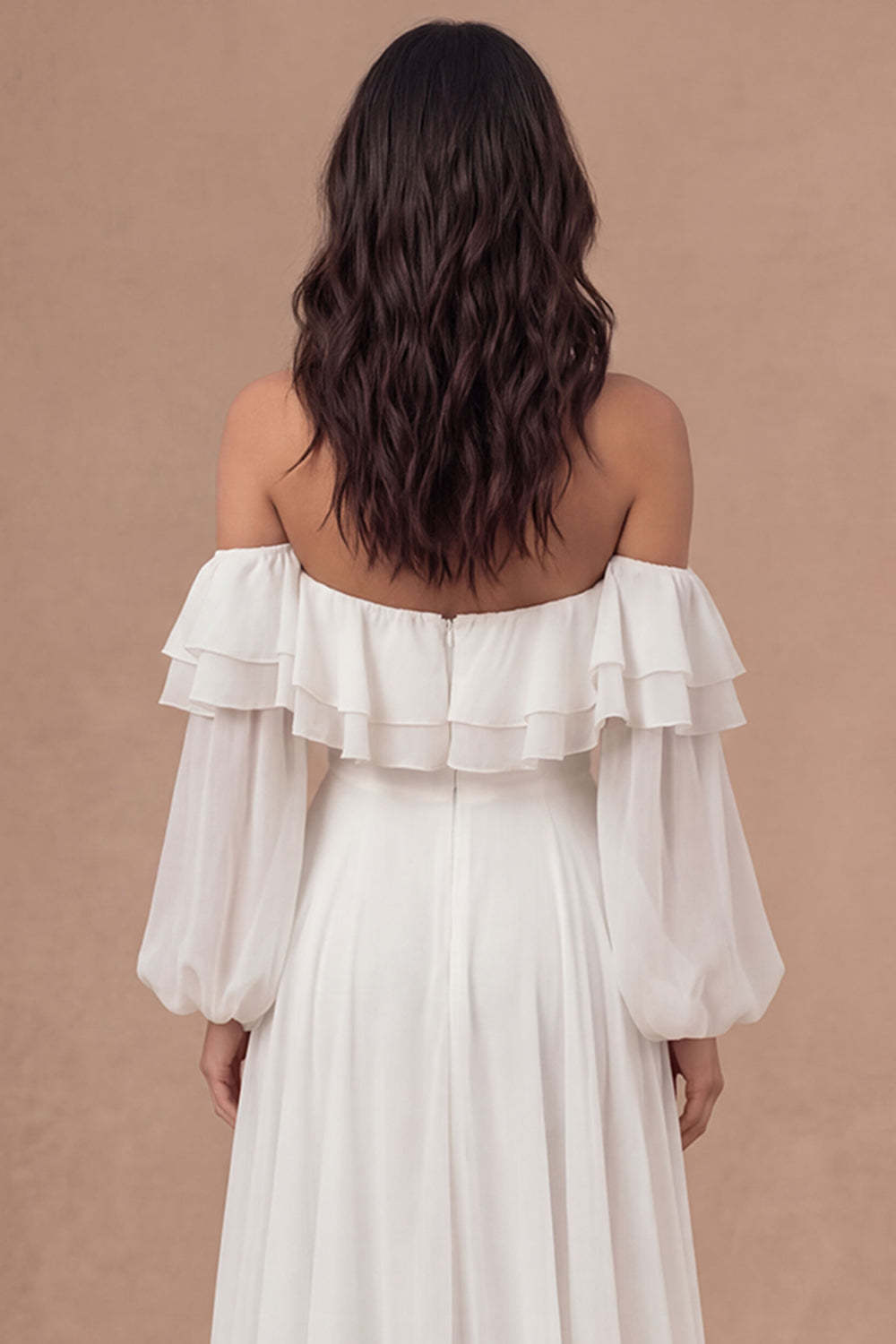 Ivory A Line Off the Shoulder Tiered Ruffled Long Bridal Shower Dress with Slit
