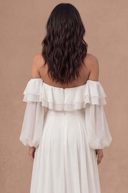 Ivory A Line Off the Shoulder Tiered Ruffled Long Bridal Shower Dress with Slit
