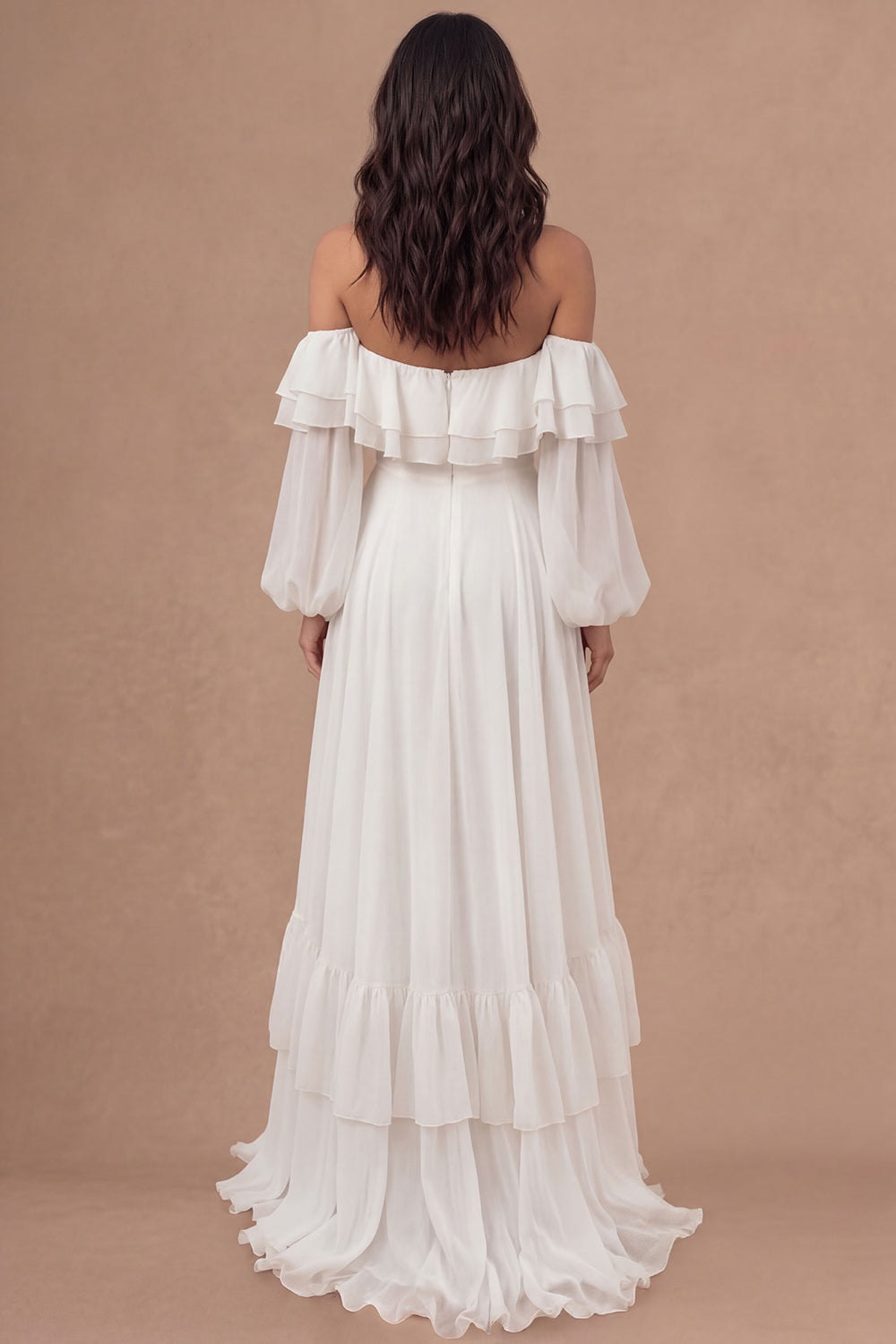 Ivory A Line Off the Shoulder Tiered Ruffled Long Bridal Shower Dress with Slit