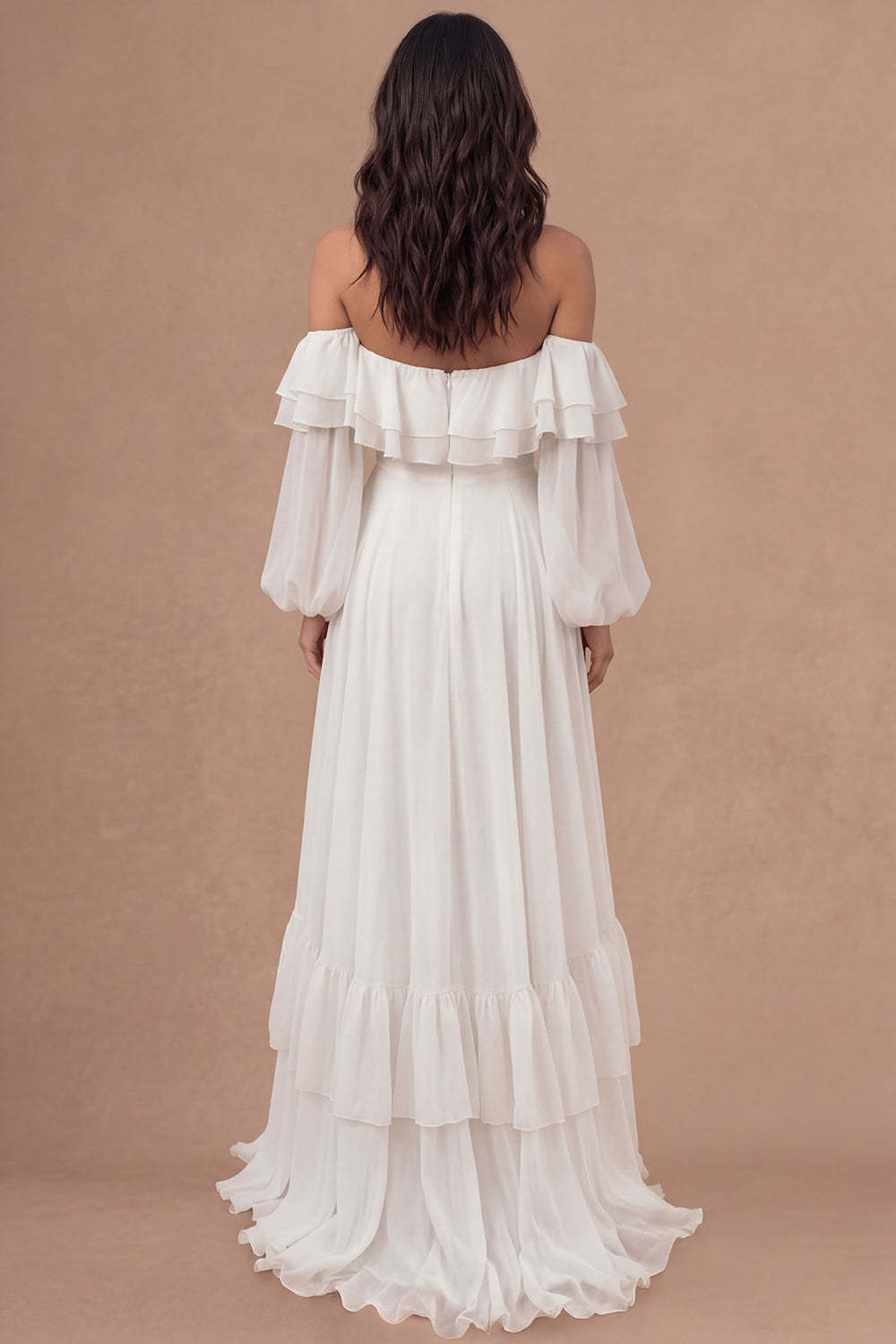 Ivory A Line Off the Shoulder Tiered Ruffled Long Bridal Shower Dress with Slit