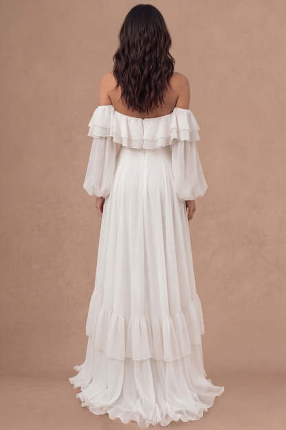 Ivory A Line Off the Shoulder Tiered Ruffled Long Bridal Shower Dress with Slit