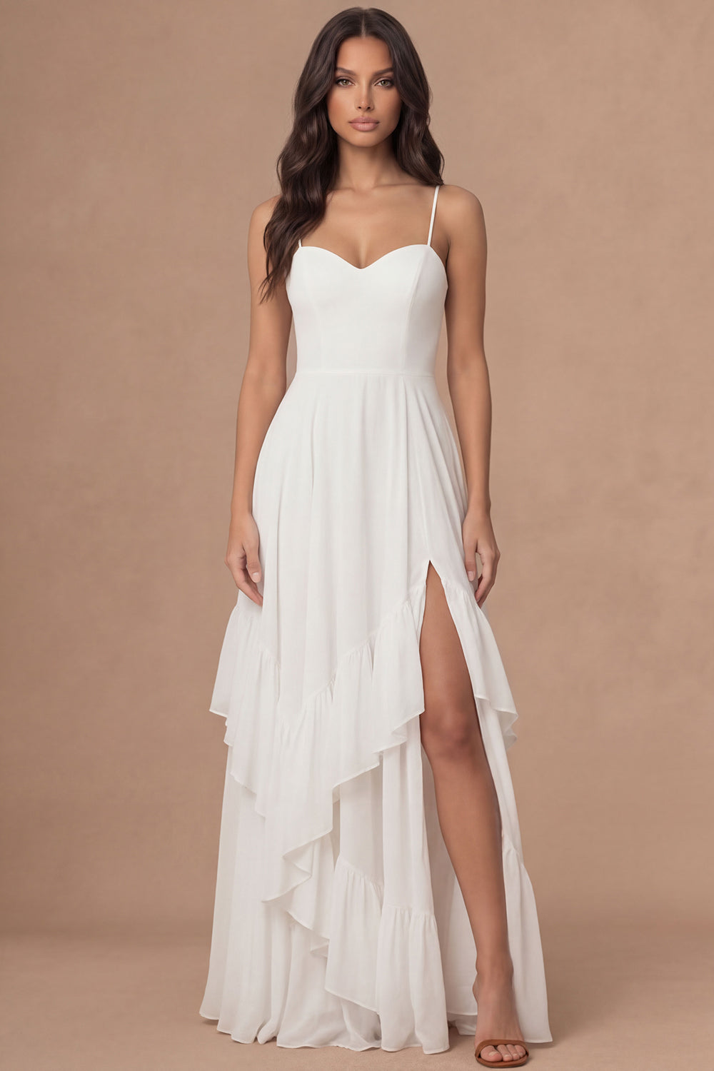 Leely Women Ruffled Ivory A Line Long Bridal Shower Dress with Slit Spaghetti Straps Sleeveless Backless Engagement Dress