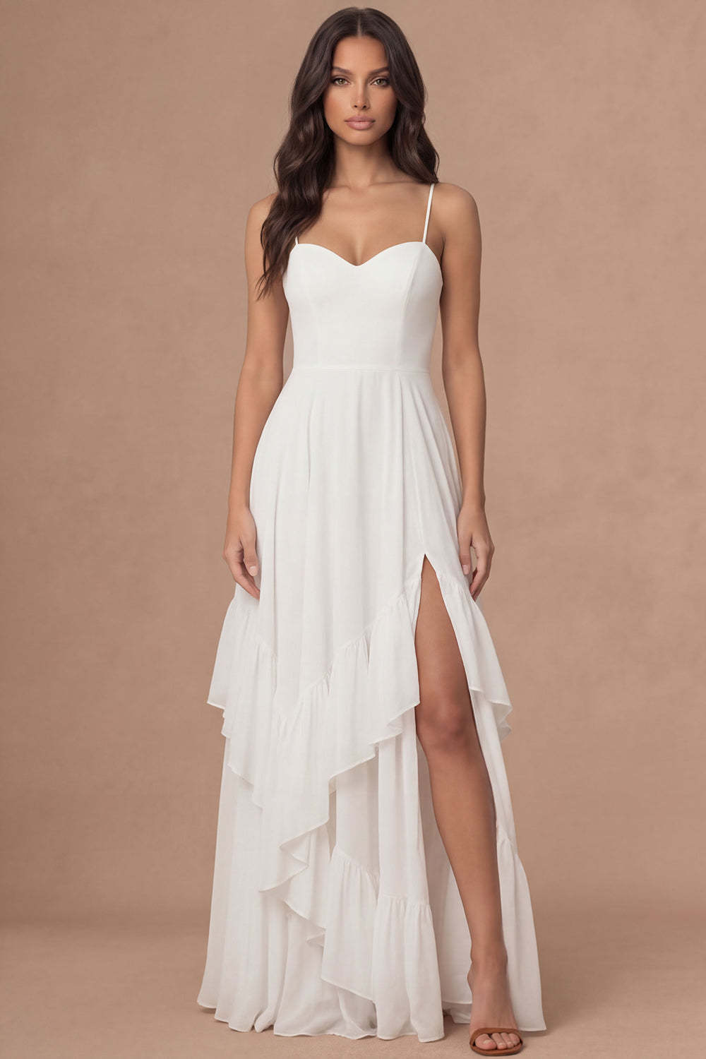 Leely Women Ruffled Ivory A Line Long Bridal Shower Dress with Slit Spaghetti Straps Sleeveless Backless Engagement Dress